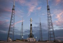 A FALCON 9 rocket is shown a day before the launch of SpaceX’s first 60 Starlink satellites at Cape Canaveral, Fla., in May