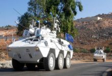 United Nations peacekeeping forces (UNIFIL) patrol near the village of Mais el Jabal, along the southern Lebanese border with Israel.