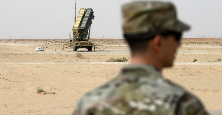 A member of the US Air Force near a Patriot missile battery at Prince Sultan air base in Al-Kharj, Saudi Arabia, 2020