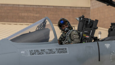 Maj. Kevin Hand, F-15EX operational and experimental test pilot with the Air National Guard-Air Force Reserve Test Center, prepares to taxi out for a mission from Nellis Air Force Base, Nevada, Oct. 20, 2021. Hand will be flying the F-15EX Eagle II for test and evaluation flights for the Air Force’s newest fighter jet.