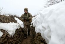 Ukrainian soldier patrolling a trench in eastern Ukraine.