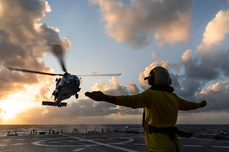 Australian Navy Trains Mh-60r Helicopter Deck Landing At Night