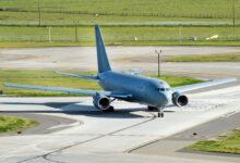 A KC-46A Pegasus arrives at Travis Air Force Base, Calif., Mar. 7, 2017. Travis was recently selected as one of the preferred locations for the next two active-duty-led KC-46A Pegasus bases. (U.S. Air Force photo/Louis Briscese)