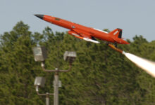 A BQM-167 Air Force Subscale Aerial Target is launched from Tyndall Air Force Base, Fla. The drone provides a threat-representative target for the Air Force Weapon System Evaluation Program. (U.S. Air Force photo/Bruce Hoffman)