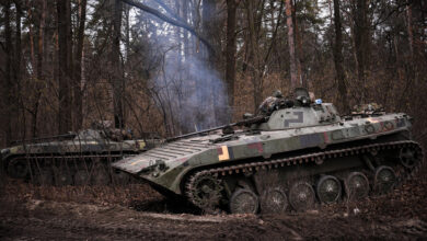 A Ukrainian infantry combat vehicle on the outskirts of Kyiv, Ukraine