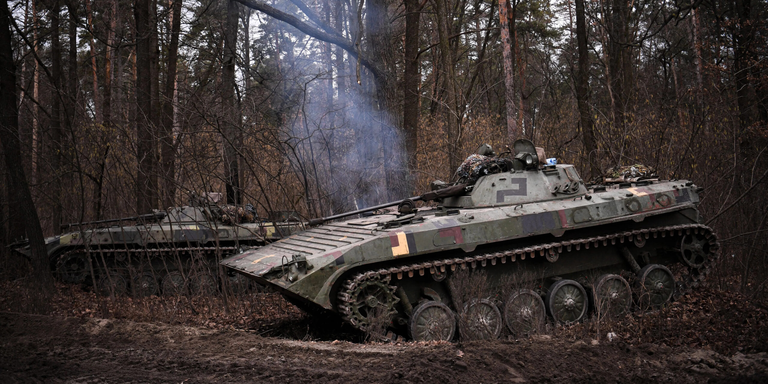 A Ukrainian infantry combat vehicle on the outskirts of Kyiv, Ukraine