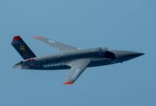 A U.S. Marine Corps XQ-58A Valkyrie, highly autonomous, low-cost tactical unmanned air vehicle, soars overhead during its first test flight at Eglin Air Force Base, Fla., Oct. 3, 2023. The XQ-58A Valkyrie test flight and the data collected inform future requirements for the Marine Corps in a rapidly evolving security environment, while successfully fueling joint innovation and experimentation opportunities.