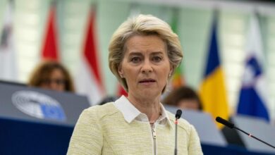 European Commission President Ursula von der Leyen speaks during a debate regarding economic sanctions against Russia, during a plenary session at the European Parliament in Strasbourg