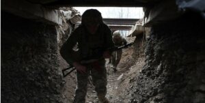 Ukrainian soldier entering a tunnel