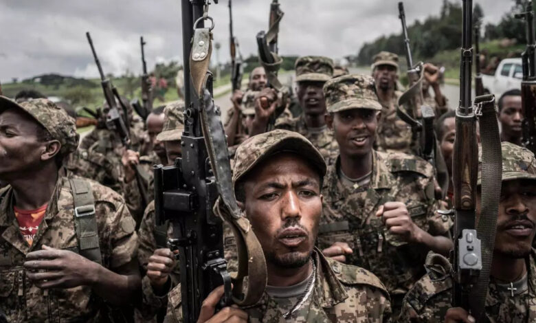 Some soldiers of the Ethiopian National Defence Forces after finishing their training in the field of Dabat, 70 kilometres north-east of the city of Gondar, Ethiopia