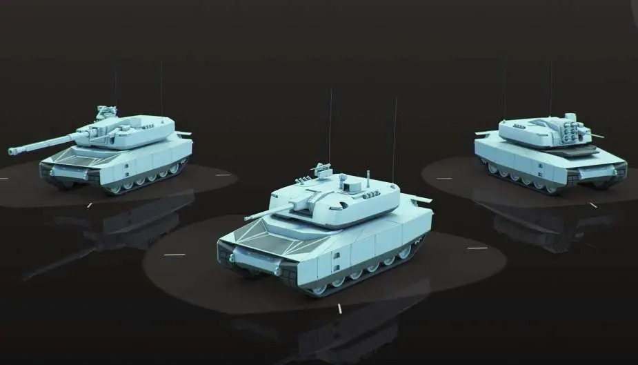 Main Ground Combat System equipped with a large-caliber cannon, accompanied by interconnected complementary modules.