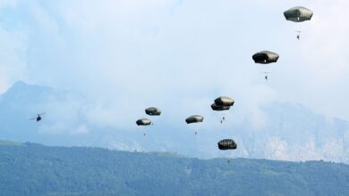 Paratroopers from the 173rd Airborne Brigade Combat Team participated in a joint parachute training jump with CH-47 Chinook aircraft from the 12th Combat Aviation Brigade here July 16. Also participating were Italian army paratroopers from the Folgore Parachute Brigade and paratroopers from the U.S. Air Force's 8th Air Support Operations Squadron in Aviano, Italy, July 16, 2013. (Photo by Barbara Romano)
