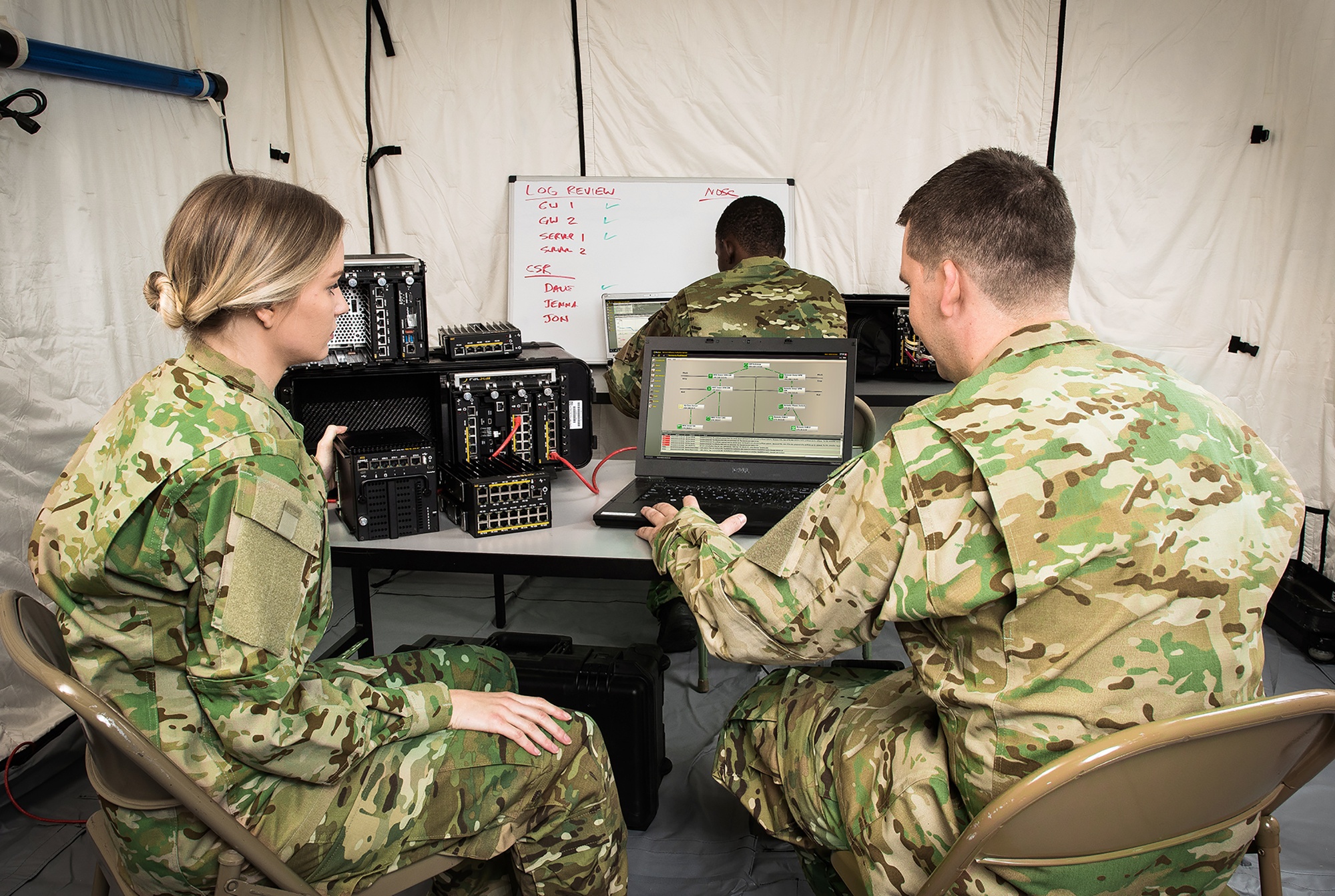 In this staged photo, PacStar imagines what a command post using the company’s secure communications modules would look like for Soldiers in a deployed environment. (Photos courtesy of Pacific Star Communications Inc.)