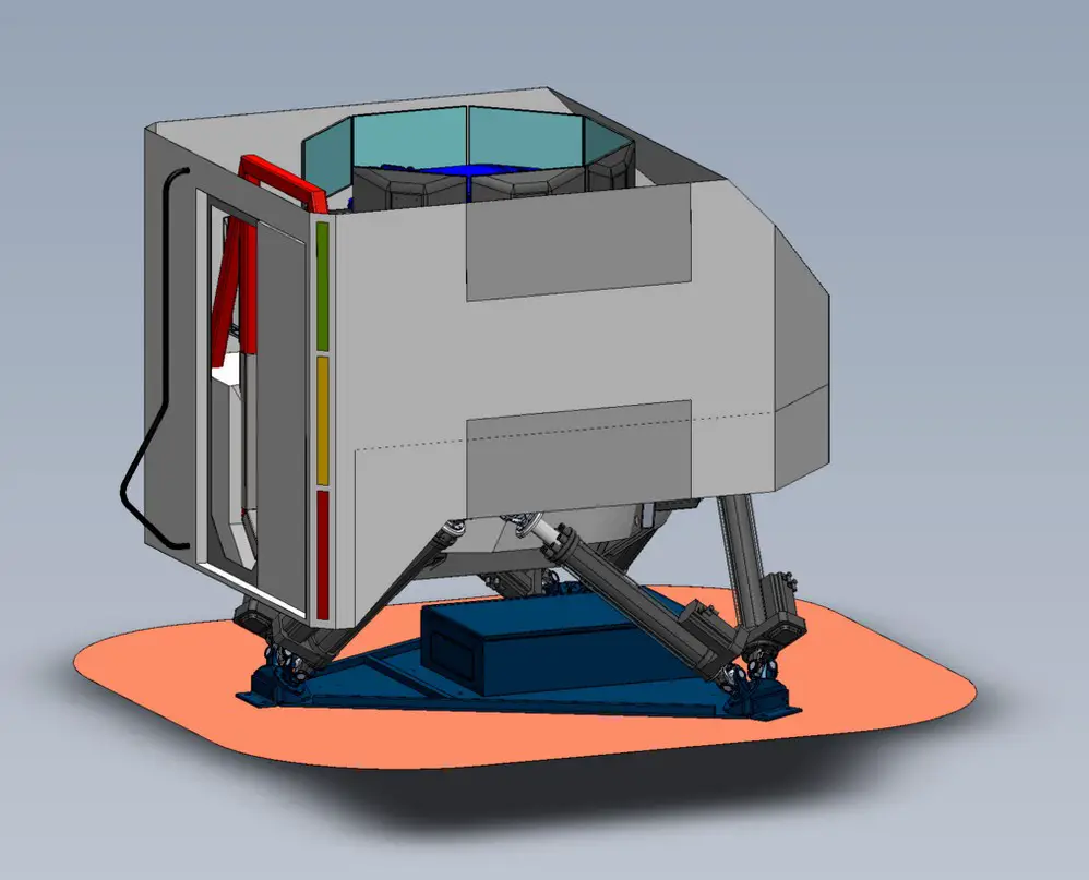 A 3D mockup of a CV90 CZ training simulator. The system, with a gray chassis, is a cubicle-like equipment with multiple monitors/screens inside.
