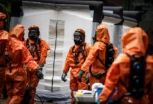 Soldiers in a Chemical, Biological, Radiological, and Nuclear (CBRN) training