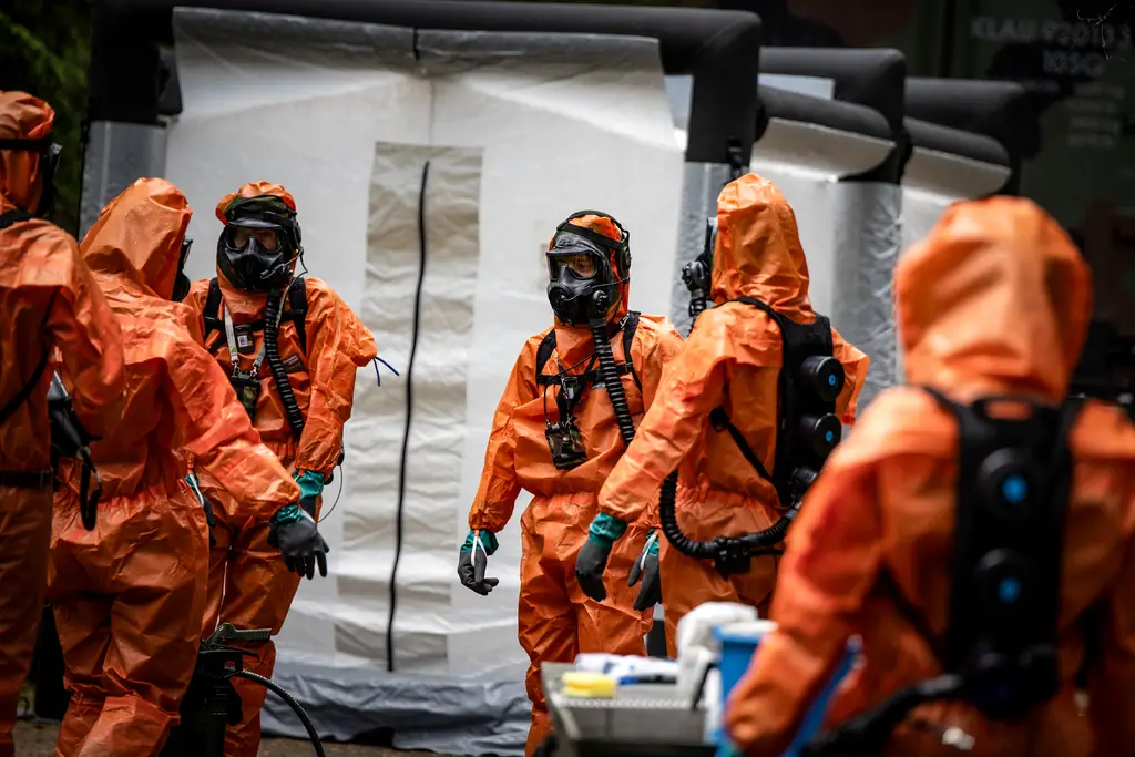 Soldiers in a Chemical, Biological, Radiological, and Nuclear (CBRN) training
