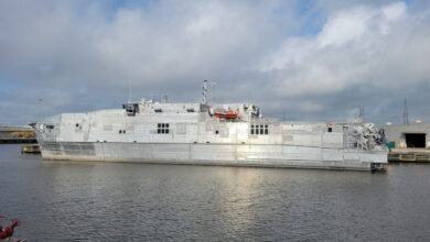 MOBILE, Alabama (May 2, 2024) USNS Cody (T-EPF 14) moored pier side in the harbor at Austal USA’s shipyard in Mobile, Alabama. Cody is configured to embark the first Expeditionary Medical Unit (EMU), which consists of health services and support personnel that provides advance trauma management and emergency medical treatment across the spectrum of warfare.