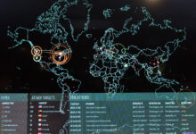 Real-time cyber attacks, including information on the attack's origin, type and target, as well as, the attacker's IP address, geographic location and ports being utilized, are displayed on the Norse attack map on the 275th Cyberspace Squadron's operations floor, known as the Hunter's Den. The squadron is one of four squadrons compromising the 175th Cyberspace Operations Group of the Maryland Air National Guard at Warfield Air National Guard Base, Middle River, Md., Dec. 2, 2017. (U.S. Air Force photo by J.M. Eddins Jr.)