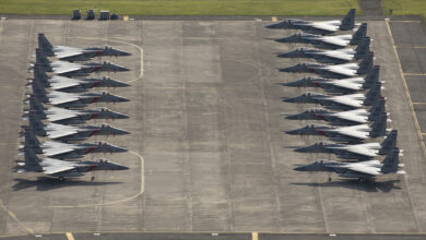 Eighteen U.S. Air Force F-15 Eagles from Kadena Air Base are parked on the ramp, July 9, 2018, at Yokota Air Base, Japan. The F-15s evacuated due to Typhoon Maria. This is the most aircraft to ever evacuate to Yokota AB from Kadena AB. (U.S. Air Force photo by Yasuo Oaskabe)