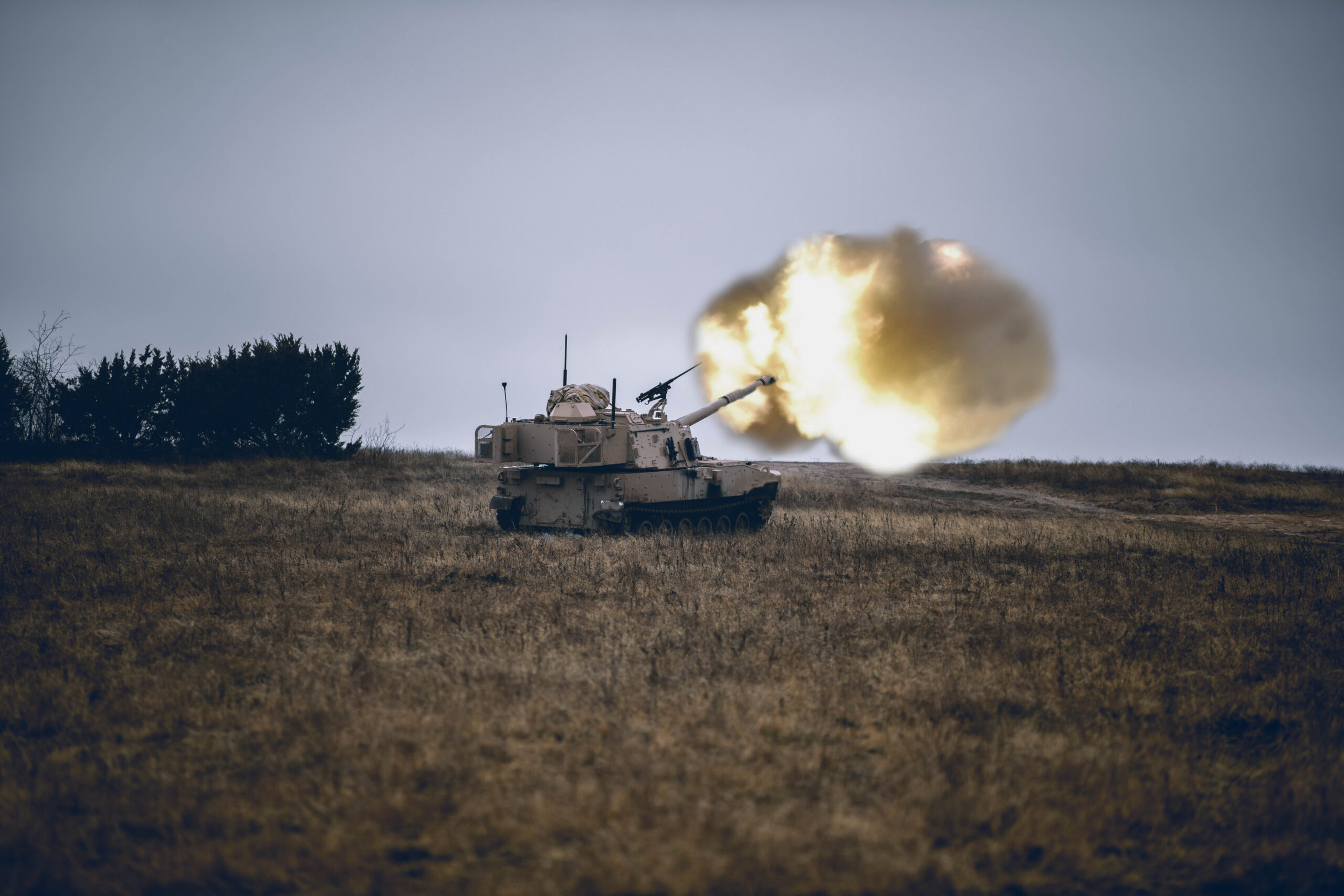 A crew with 2nd Battalion, 82nd Field Artillery, 3rd Armored Brigade Combat Team, 1st Cavalry Division take to the firing line during an eight-day long exercise to validate themselves on the Army’s most up to date version of the Paladin self-propelled howitzer system, the M109A7, Fort Hood, Texas, Jan. 19, 2021. (U.S. Army photo by Sgt. Calab Franklin, 3rd Armored Brigade Combat Team, 1st Cavalry Division Public Affairs)