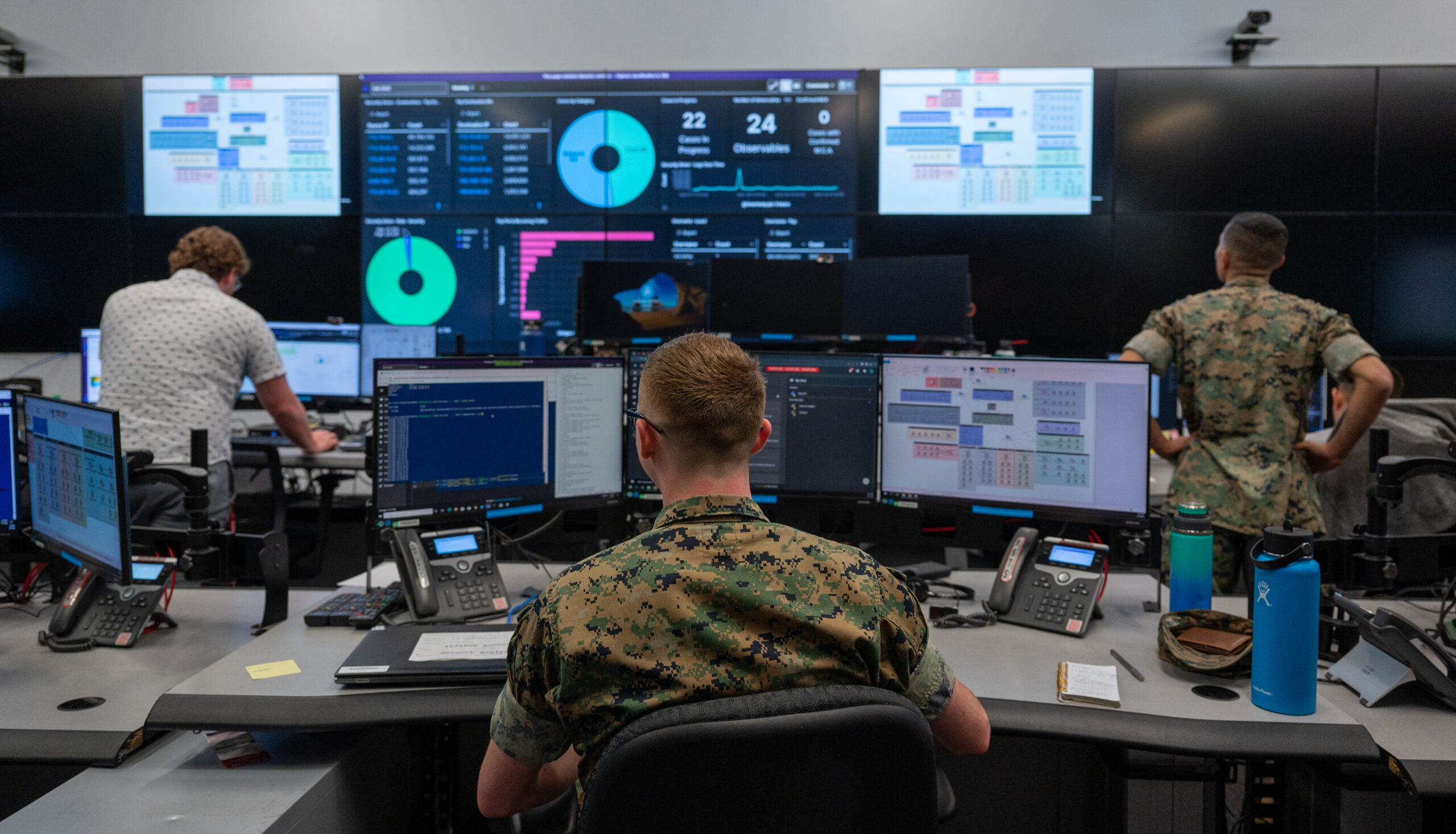 U.S. Marines and Civilians with Marine Corps Cyberspace Warfare Group and Marine Corps Cyberspace Operations Battalion participate in Cyber Flag 23-2 at an undisclosed location, Aug. 7, 2023. The purpose of the exercise was to enhance readiness and cyber warfare capabilities. Each team was strategically positioned in an offensive or defensive role, engaging with various cyber-attack and defense scenarios. (U.S. Marine Corps photo by Cpl. Oneg Plisner)