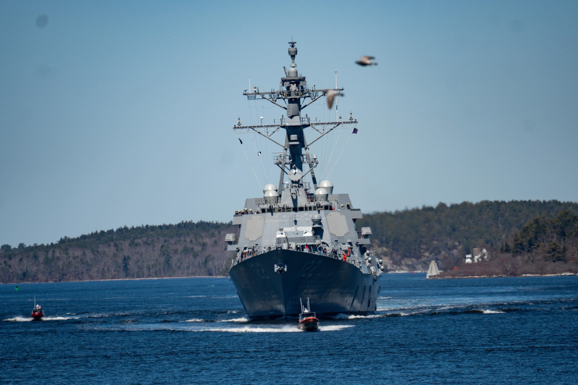 The future USS John Basilone transits the Kennebec River heading out to sea to conduct Bravo Trials.