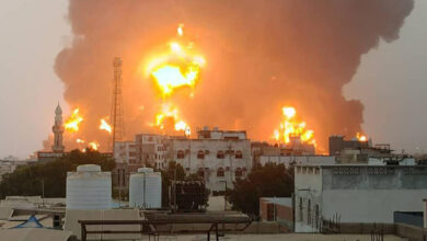 Huge column of fire erupting following reported strikes in the rebel-held Yemen port city of Hodeidah