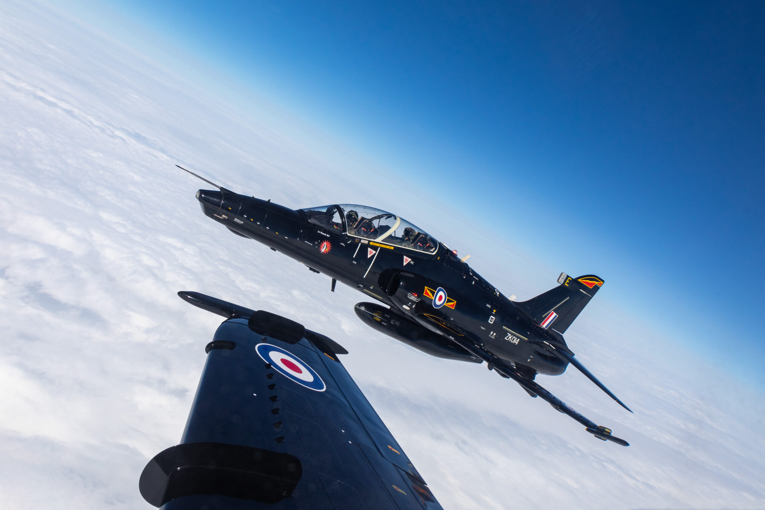 Pictured is a Hawk T2 aircraft (tail no: ZK104) on a close form sortie from RAF Valley on 30th March 2022.