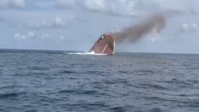 The M/V Monarch Countess slips below the surface after an operational demonstration in July in the waters of the Gulf of Mexico near Eglin Air Force Base, Fla. The Air Force Research Laboratory Munitions Directorate at Eglin AFB operates an ongoing Maritime Weapon Program in partnership with the U.S. Navy to develop anti-ship lethality with air-launched weapons. (Courtesy photo)