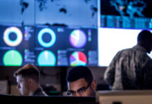 Cyber warfare operators assigned to the 275th Cyber Operations Squadron of the 175th Cyberspace Operations Group of the Maryland Air National Guard configure a threat intelligence feed for daily watch in the Hunter's Den at Warfield Air National Guard Base, Middle River, Md., Dec. 2, 2017. (U.S. Air Force photo by J.M. Eddins Jr.)