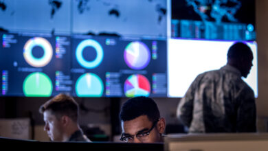 Cyber warfare operators assigned to the 275th Cyber Operations Squadron of the 175th Cyberspace Operations Group of the Maryland Air National Guard configure a threat intelligence feed for daily watch in the Hunter's Den at Warfield Air National Guard Base, Middle River, Md., Dec. 2, 2017. (U.S. Air Force photo by J.M. Eddins Jr.)