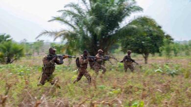 A squad of soldiers from the Benin 1st Commando Parachute Battalion advance on an enemy position during a Joint Combined Exchange Training scenario.