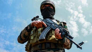 Indian Army soldiers are patrolling with AK-47 weapons in Baramulla, Jammu and Kashmir, India