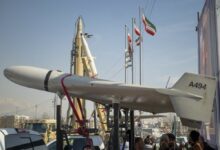 An Iranian-made Shahed-136 drone being displayed at the Azadi Square in western Tehran, Iran, on February 11, 2024