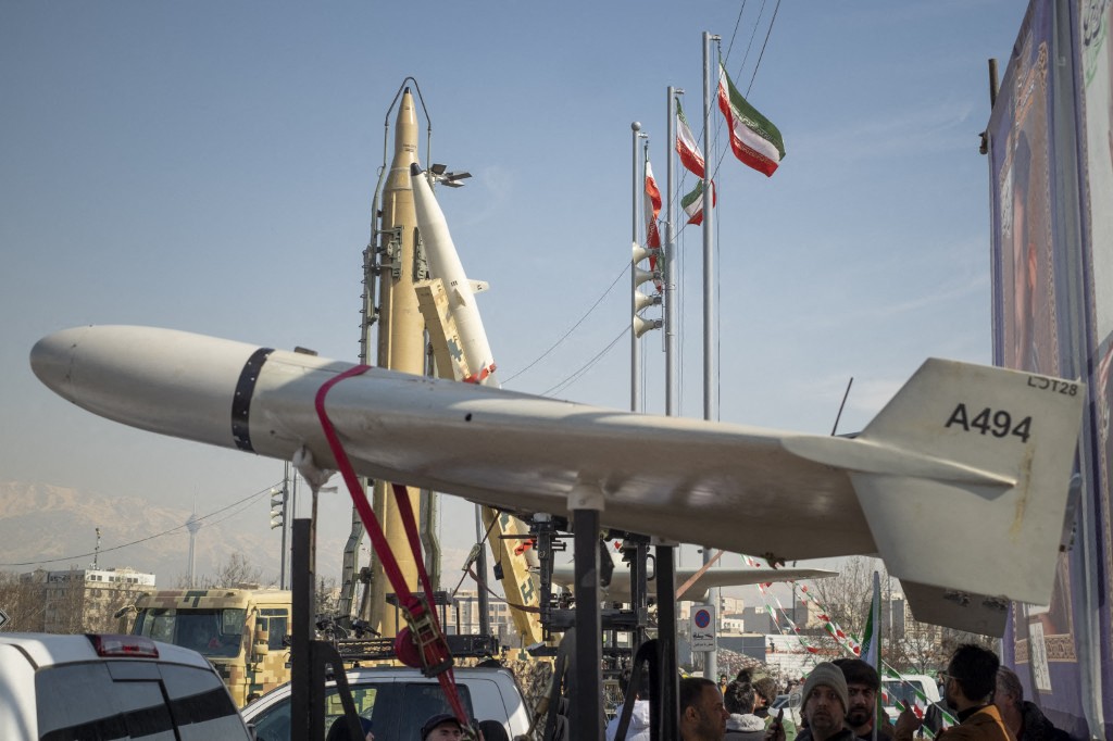 An Iranian-made Shahed-136 drone being displayed at the Azadi Square in western Tehran, Iran, on February 11, 2024