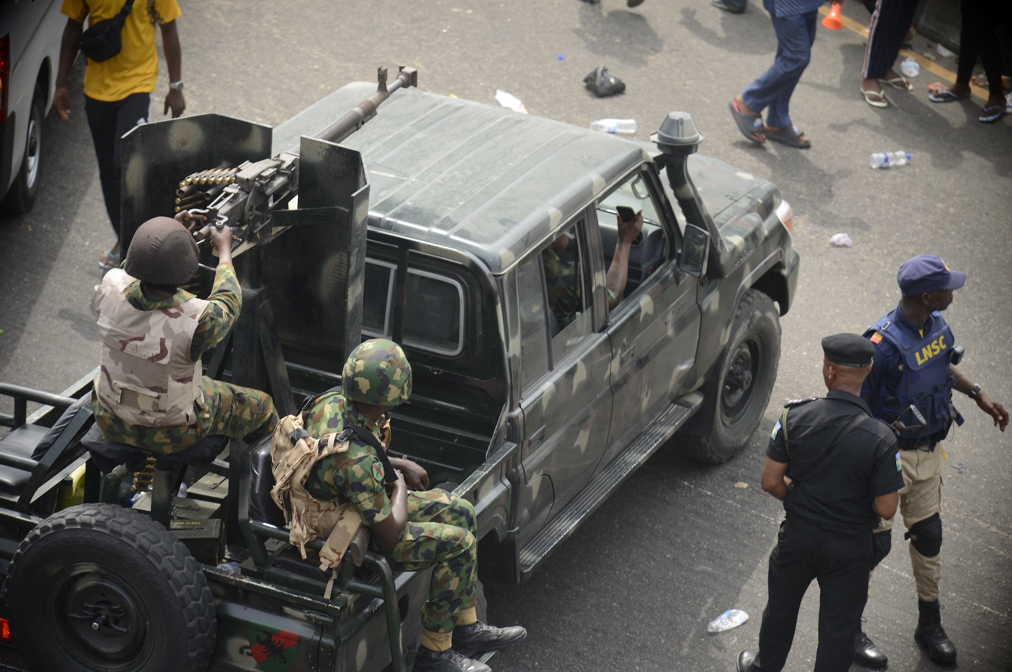 Military personnel in a vehicle in Nigeria's largest city of Lagos, 2023