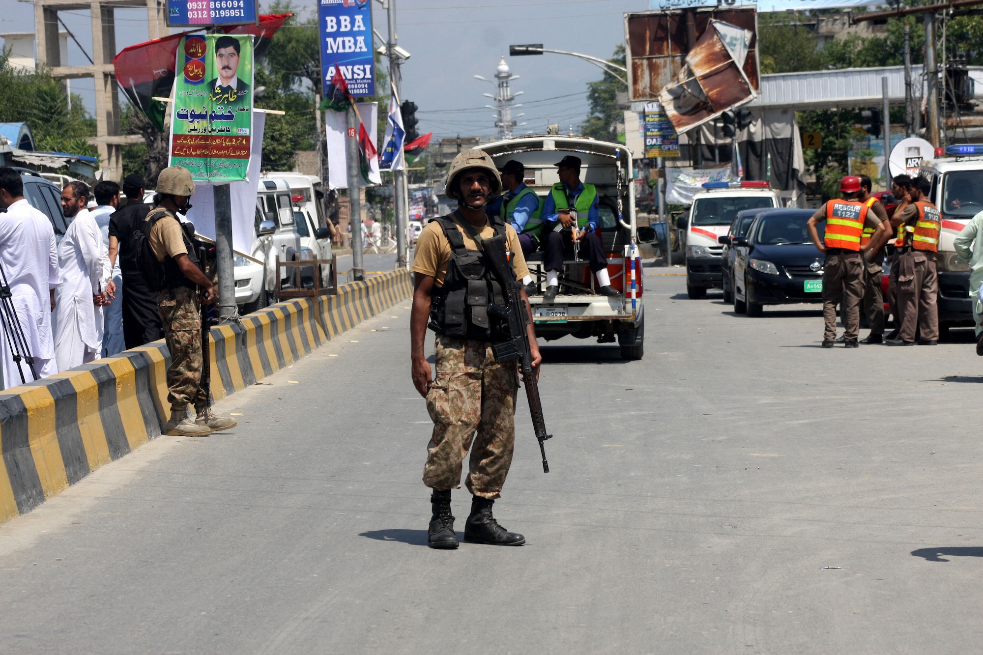 A Pakistani soldier stands guard in Pakistan's northwestern city of Mardan