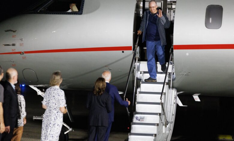 Former Marine Paul Whelan departs a plane at Joint Base Andrews in Maryland on August 1, 2024, after he was freed by Russia in a prisoner exchange deal