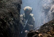 A serviceman of the 3rd Colonel Petro Bolbochan Brigade of Operational Assignment of Ukraine's National Guard is staying in the trench during a tactical exercise in Ukraine