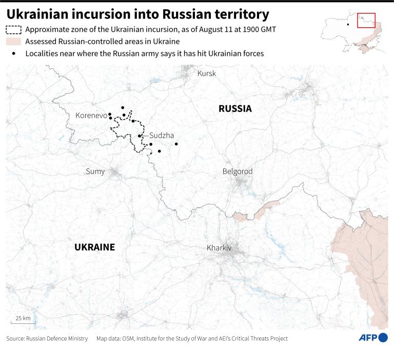 Map showing the border zone between Russia and Ukraine where the Ukrainian army has launched an offensive into Russian territory, and locating the places near where the Russian army says it has hit Ukrainian forces