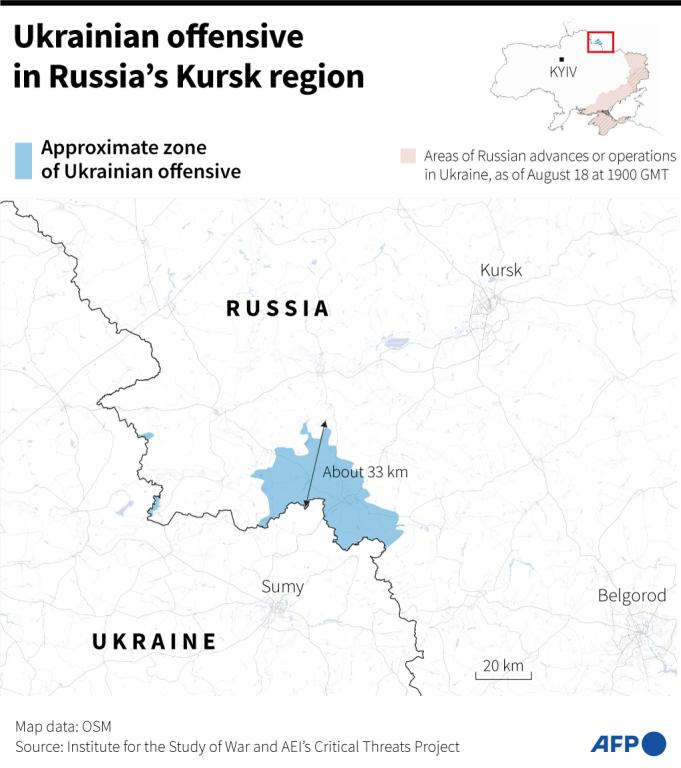 Map showing the zones where the Ukrainian army has advanced in the Russian region of Kursk as of August 18