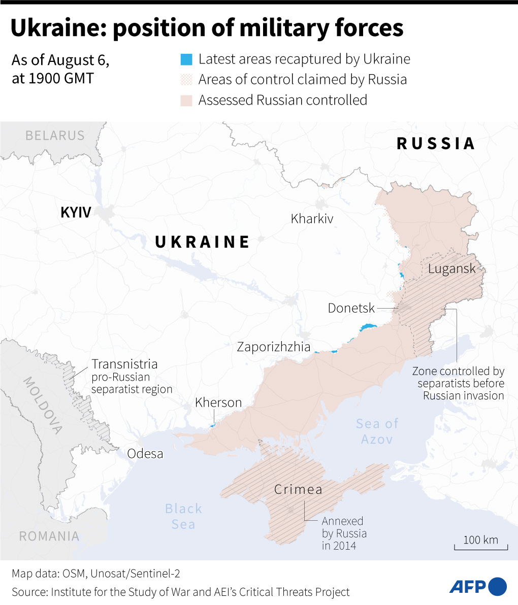 Map of areas controlled by Ukrainian and Russian forces in Ukraine, as of August 6