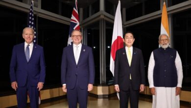 U.S. President Joe Biden, Australia's Prime Minister Anthony Albanese, Japanese Prime Minister Fumio Kishida, and India's Prime Minister Narendra Modi pose for a photo ahead of QUAD Leaders' Meeting in Hiroshima Prefecture on May 20, 2023. ( The Yomiuri Shimbun )