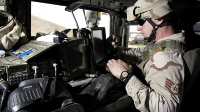 Staff Sgt. Patrick Donohoe, checks a Blue Force Tracker (BFT) at Kirkuk Reginal Air Base, Iraq. The BFT shows the location of all friendly units in the area, possible hazards, and also observes all enemy contact. Donohoe is a member of the Quick Reaction Force (QRF) team with the 506th Expeditonary Security Forces Squadron. (U.S. Air Force photo by Senior Airman Bradley A. Lail)