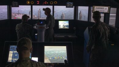 Sailors assigned to USS Gerald R. Ford's (CVN 78) bridge navigation training team, participate in a seamanship and navigation simulator during a visit to the Navigation, Seamanship and Ship-Handling Training Program (NSST) facility located on Naval Station Norfolk, Aug. 13, 2020. Ford is in port for a scheduled window of opportunity for maintenance as part of her Post-Delivery Test and Trials phase of operations. (U.S. Navy photo by Mass Communication Specialist Seaman Riley McDowell)