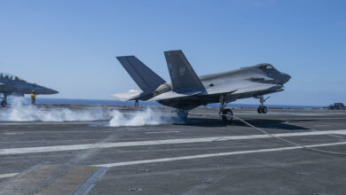 220309-N-DU622-1207 PACIFIC OCEAN (Mar. 9), An F-35C Lightning II, from the "Rough Raiders" of Strike Fighter Squadron (VFA) 125, makes an arrested gear landing on the flight deck of the aircraft carrier USS Nimitz (CVN 68). Nimitz is underway conducting routine operations. (U.S. Navy photo by Mass Communication Specialist 3rd Class Justin McTaggart)