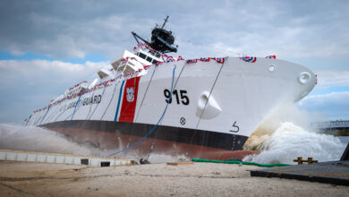 The USCGC Argus (WMSM 915), the first ship of the heritage class of medium endurance offshore patrol cutters, enters the water during a christening ceremony in Panama City, Florida, Oct. 27, 2023. The future offshore patrol cutters will complement the existing national security cutters and fast response cutters to carry out the nation's most critical maritime safety, security, and stewardship missions. (U. S. Coast Guard photo by Petty Officer 1st Class Brandon Giles)