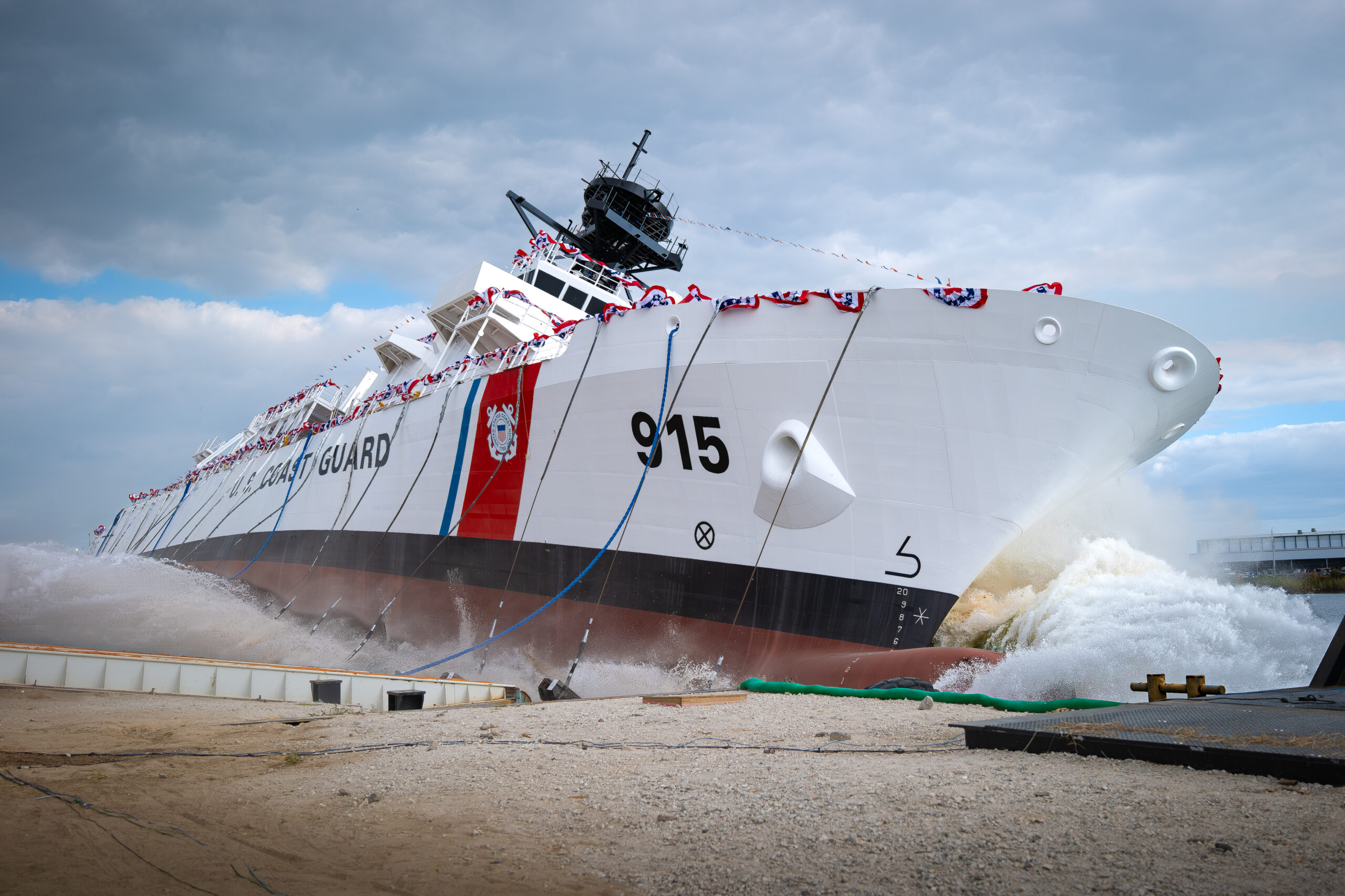 The USCGC Argus (WMSM 915), the first ship of the heritage class of medium endurance offshore patrol cutters, enters the water during a christening ceremony in Panama City, Florida, Oct. 27, 2023. The future offshore patrol cutters will complement the existing national security cutters and fast response cutters to carry out the nation's most critical maritime safety, security, and stewardship missions. (U. S. Coast Guard photo by Petty Officer 1st Class Brandon Giles)