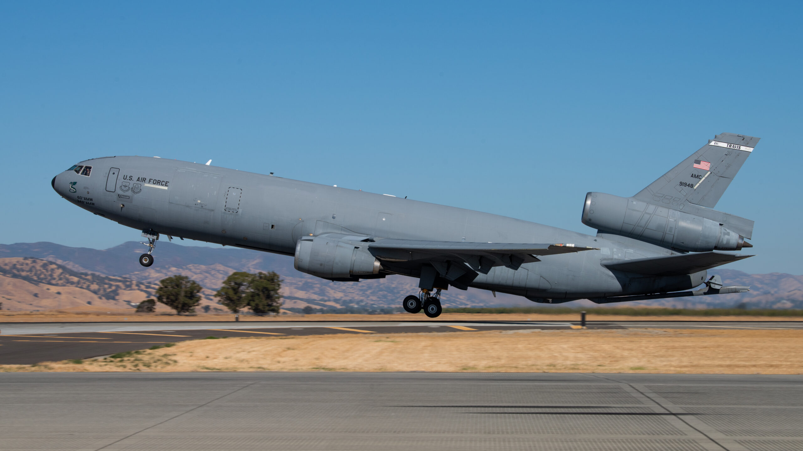 The last U.S. Air Force KC-10 Extender takes off from the flight line during the KC-10 farewell ceremony at Travis Air Force Base, California, Sept. 26, 2024. As the final base to operate the KC-10, Travis AFB had the honor of bidding farewell to an aircraft that has been a vital component of the U.S. military’s global reach and power projection capabilities, this ceremony marking the closing of an important chapter in the history of military aviation. (U.S. Air Force photo by Kenneth Abbate)