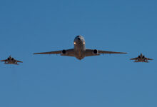 The last U.S. Air Force KC-10 Extender and two F-15Es Strike Eagle assigned to the California Air National Guard's 144th Fighter Wing fly in formation during the KC-10 farewell ceremony at Travis Air Force Base, California, Sept. 26, 2024. As the final base to operate the KC-10, Travis AFB had the honor of bidding farewell to an aircraft that has been a vital component of the U.S. military’s global reach and power projection capabilities, this ceremony marking the closing of an important chapter in the history of military aviation. (U.S. Air Force photo by Kenneth Abbate)